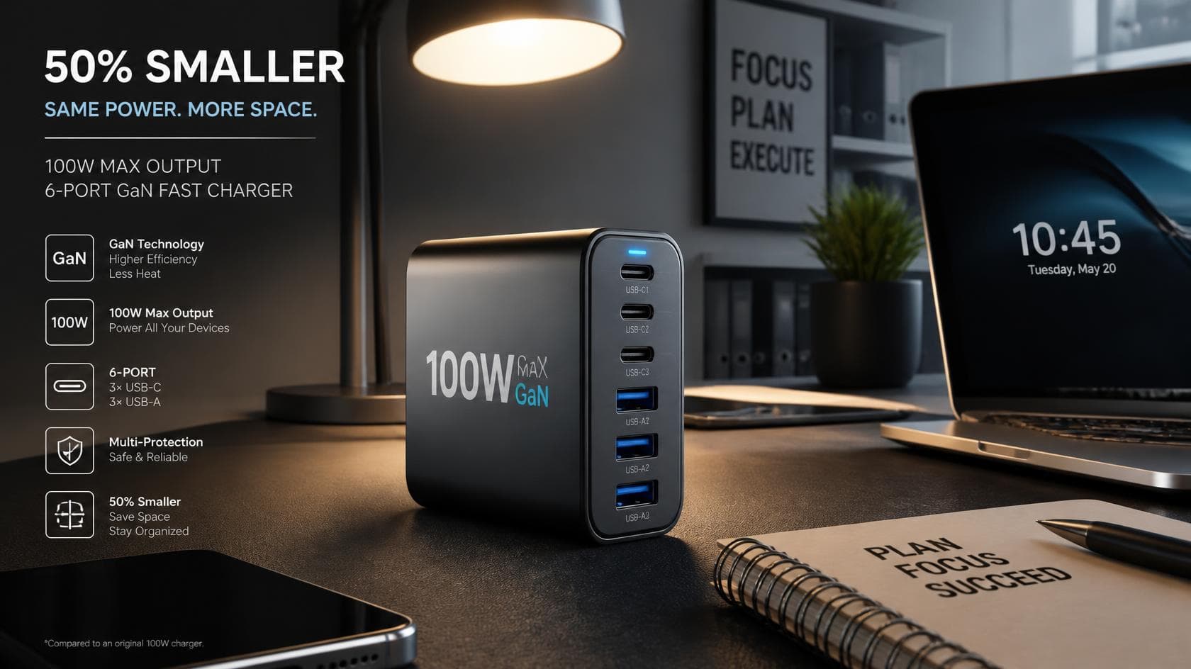 USB Fast Charger Block 50% Smaller 100W Max 6-Port