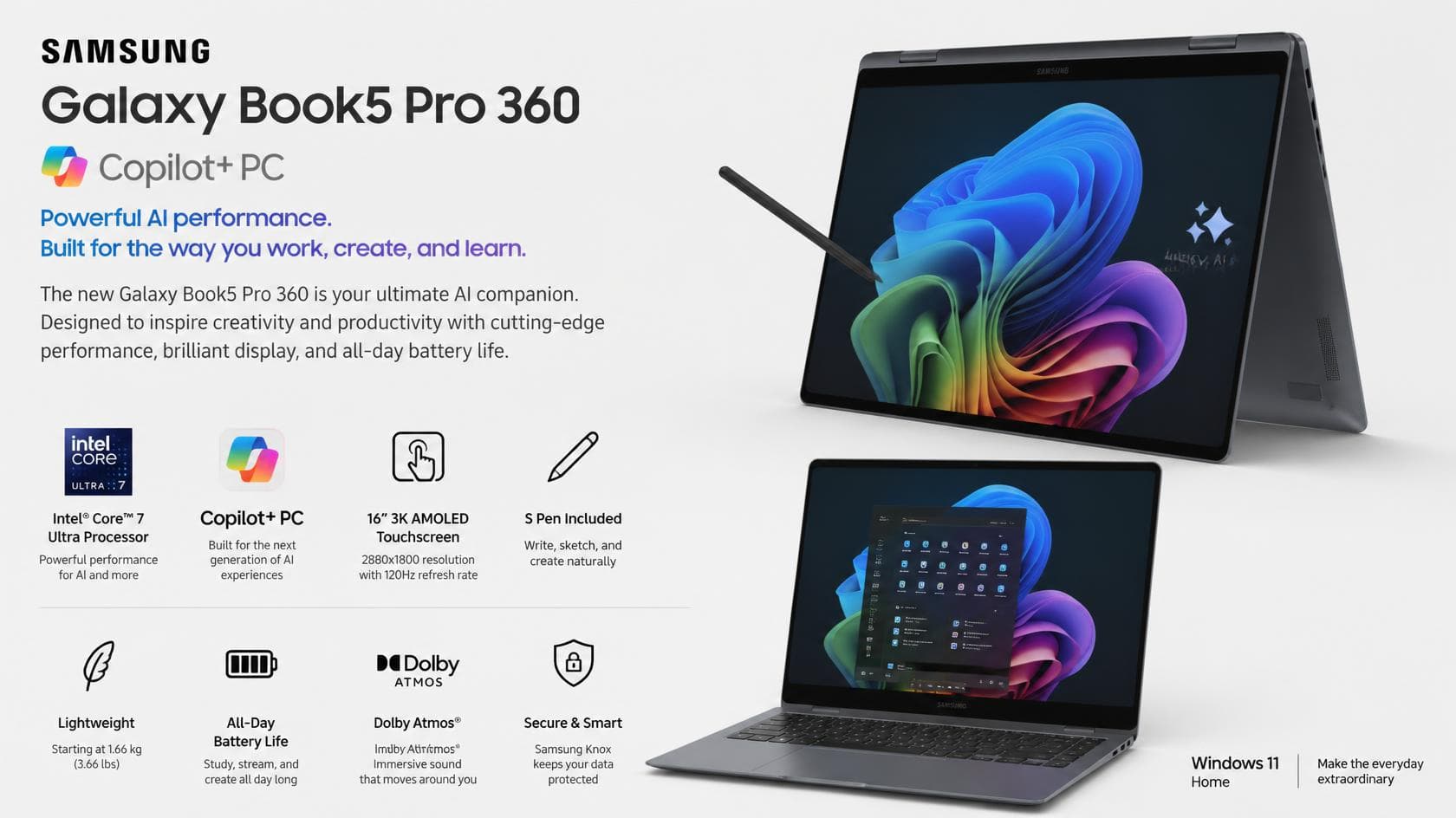 Samsung Galaxy Book5 Pro 360 ,S Pen, AMOLED Display, Dolby Atmos