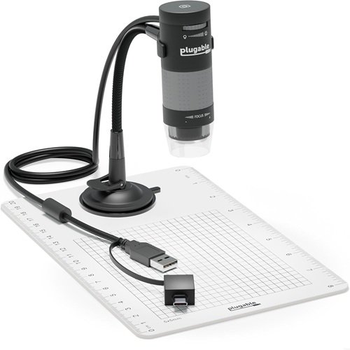 Plugable USB Digital Microscope 250x, 2MP Micro Camera with Flexible Arm Stand - Handheld USB & USB-C Microscope